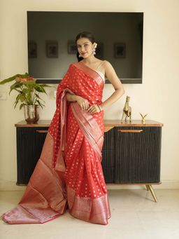 Uttaraa - Womens Silk Woven Red Saree with Unstitched Blouse