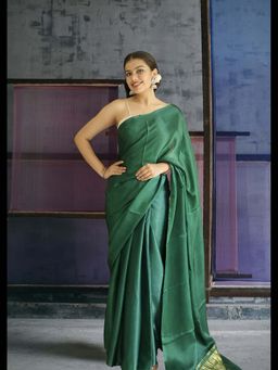 Uttaraa - Womens Silk Solid Zari Green Saree with Unstitched Blouse