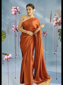 Uttaraa - Womens Silk Solid Zari Rust Saree with Unstitched Blouse