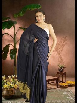Uttaraa - Womens Silk Solid Zari Navy Blue Saree with Unstitched Blouse