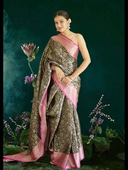 Uttaraa - Womens Silk Floral Woven Black Saree with Unstitched Blouse