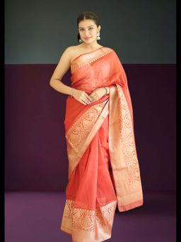 Uttaraa - Womens Tissue Woven Tassels Red Saree with Unstitched Blouse