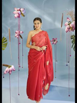 Uttaraa - Womens Organza Sequined Beads Red Saree with Unstitched Blouse