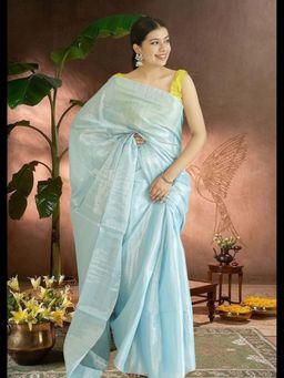 Uttaraa - Womens Tissue Solid Tassels Blue Saree with Unstitched Blouse