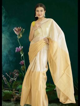 Uttaraa - Womens Tissue Woven Tassels Ivory Saree with Unstitched Blouse