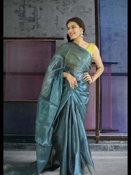 Uttaraa - Womens Tissue Woven Tassels Blue Saree with Unstitched Blouse