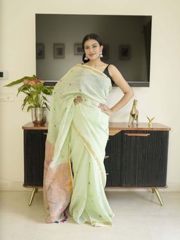 Uttaraa - Womens Linen Woven Tassels Green Saree with Unstitched Blouse