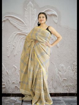 Uttaraa - Womens Linen Woven Tassels Multi-Color Saree with Unstitched Blouse