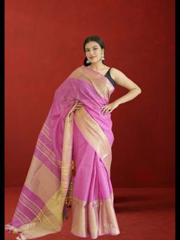 Uttaraa - Womens Tissue Woven Tassels Pink Saree with Unstitched Blouse