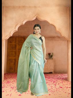 Uttaraa - Womens Tissue Solid Tassels Green Saree with Unstitched Blouse