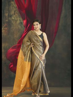 Uttaraa - Womens Tissue Woven Tassels Brown Saree with Unstitched Blouse