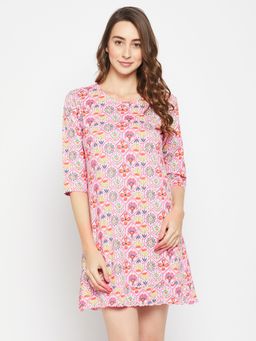 Clovia - Floral Print Short Nightdress Pure Cotton Purple