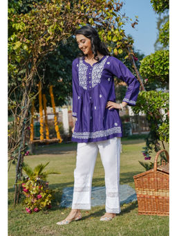 HOUSE OF KARI - Cotton Chikankari Kurti In Navy Blue