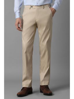 Louis Philippe - Men Beige Slim Fit Solid Flat Front Formal Trouser