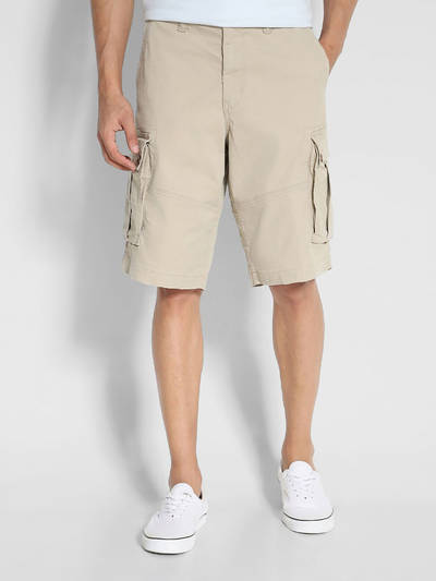 Men Beige Flex 12 Inches Longer Length Lived-In Cargo Shorts