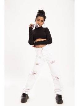 Off Duty India - Off Duty White Distressed High Waist Straight Jeans