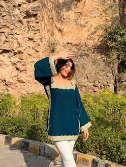 Label Aditi Hundia - Teal Maira Velvet Kurti