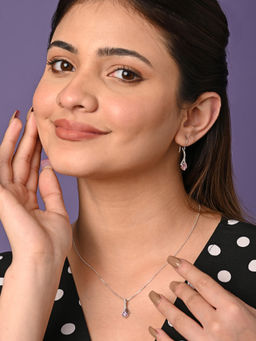 CLARA - 925 Silver Rhodium Plated Swiss Zirconia Pink Solitaire Pendant Earrings Chain Set