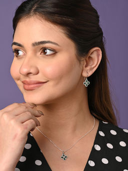 CLARA - 925 Silver Rhodium Plated Swiss Zirconia Green Flower Pendant Earrings Chain Set