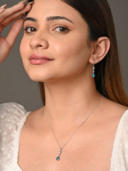 CLARA - 925 Silver Rhodium Plated Swiss Zirconia Pear Solitaire Pendant Earrings Chain Set