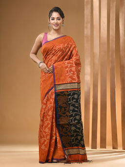 Arhi - Orange Cotton Blend Handwoven & Floral Designs Saree with Unstitched Blouse