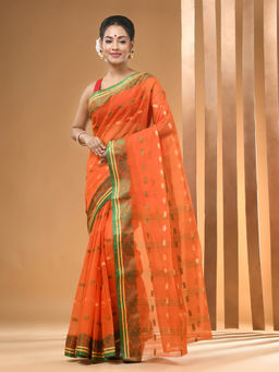 Arhi - Orange Pure Cotton Tant & Woven Designs Saree Without Blouse