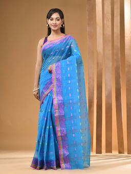 Arhi - Sky Blue Pure Cotton Tant & Woven Designs Saree Without Blouse