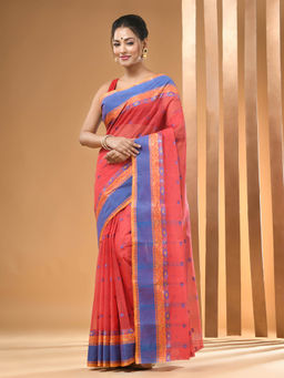 Arhi - Imperial Red Pure Cotton Tant & Woven Designs Saree Without Blouse