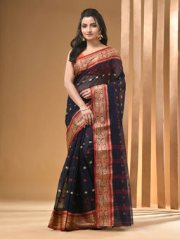 Arhi - Navy Blue Pure Cotton Tant & Woven Designs Saree Without Blouse