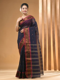 Arhi - Navy Blue Pure Cotton Tant & Zari Border Saree Without Blouse