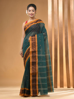 Arhi - Teal Pure Cotton Tant & Zari Border Saree Without Blouse