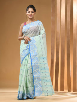 Arhi - Mint Green Pure Cotton Tant & Woven Designs Saree Without Blouse