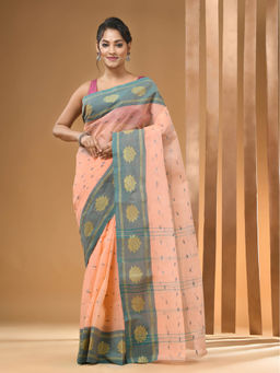 Arhi - Peach Pure Cotton Tant & Woven Designs Saree Without Blouse