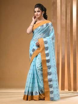 Arhi - Sky Blue Pure Cotton Tant & Woven Designs Saree Without Blouse