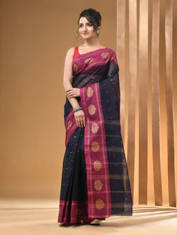 Arhi - Navy Blue Pure Cotton Tant & Woven Designs Saree Without Blouse