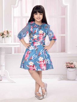 TINY BABY - Blue Floral Print Fit and Flared Party Dress and Belt