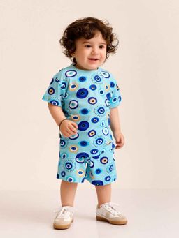 Mama & Peaches - Blue Evil Eye Half Sleeves T-Shirt and Shorts