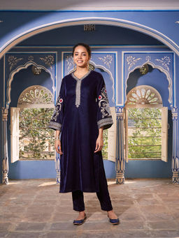 Rustorange - Blue Velvet Zari Embroidered Straight Kurta
