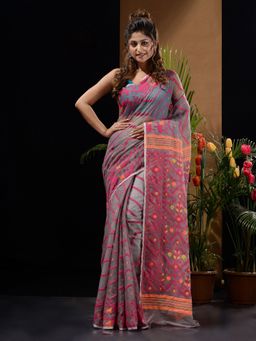 CHARUKRITI - Grey & Magenta Handwoven Saree with Chevron & Ethnic Designs