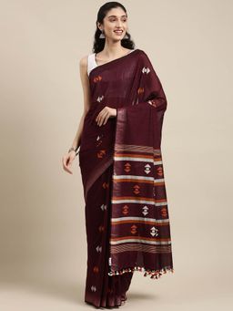 ArtEastri - Brown Cotton Jamdani Saree with Unstitched Blouse Piece