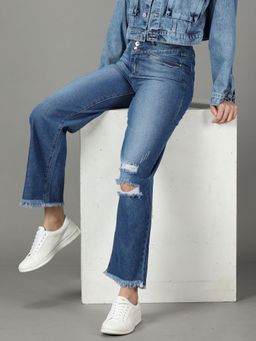 SHOWOFFFF - Women's Non Stretchable Mildly Distressed Blue Straight Fit Jeans