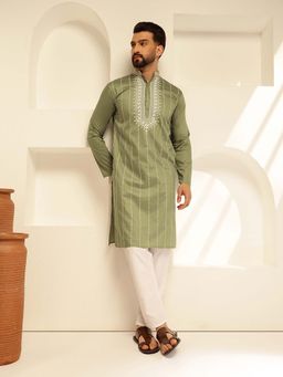 SOJANYA - (Since 1958) Cotton Silk Elegant Neck Embroidered Green Kurta With Pyjama (Set of 2)