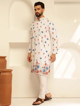 SOJANYA - (Since 1958) Men's Cotton Crochet Daman Print Cream Kurta With Pyjama (Set of 2)