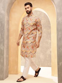 SOJANYA - (Since 1958) Cotton Linen Kalamkari Printed Multi-Color Kurta With Pyjama (Set of 2)
