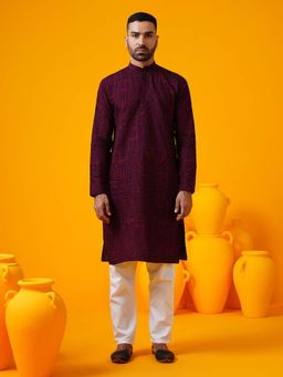 SOJANYA - (Since 1958) Cotton Silk Kantha Thread Embroidered Wine Kurta With Pyjama (Set of 2)