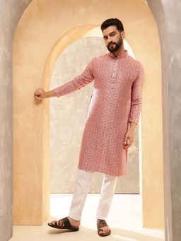 SOJANYA - (Since 1958) Cotton Rayon Shiny Thread Sequinned Pink Kurta With Pyjama (Set of 2)