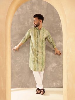 SOJANYA - (Since 1958) Men's Cotton Silk Green Print Kurta With Pyjama (Set of 2)
