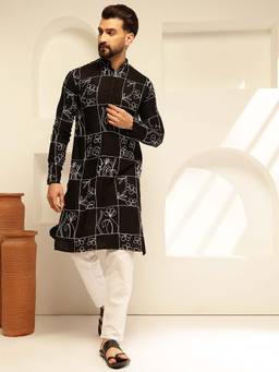 SOJANYA - (Since 1958) Men's Cotton Silk Floral Embroidered Black Kurta With Pyjama (Set of 2)