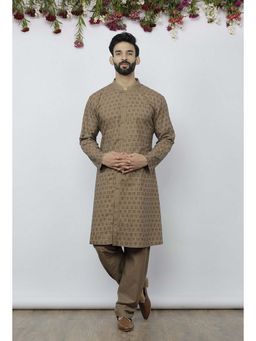 Tjori - Mud Brown Cotton Block Print Kurta and Pyjama (Set of 2)