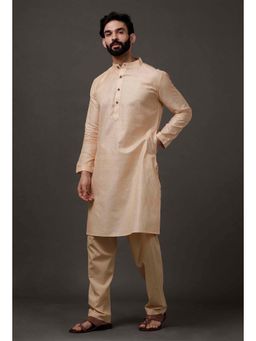Tjori - Beige Cotton Silk Check Kurta Pyjama (Set of 2)